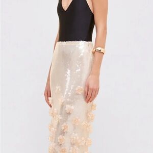 PatBO Cream Sequin Floral Runway 2025 MIDI Skirt